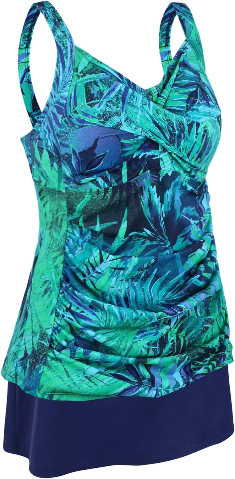 JINXUEER Women’s Plus Size Swimwear Floral Tankini Set Ruched Modest Two Piece Skirt Swimsuit