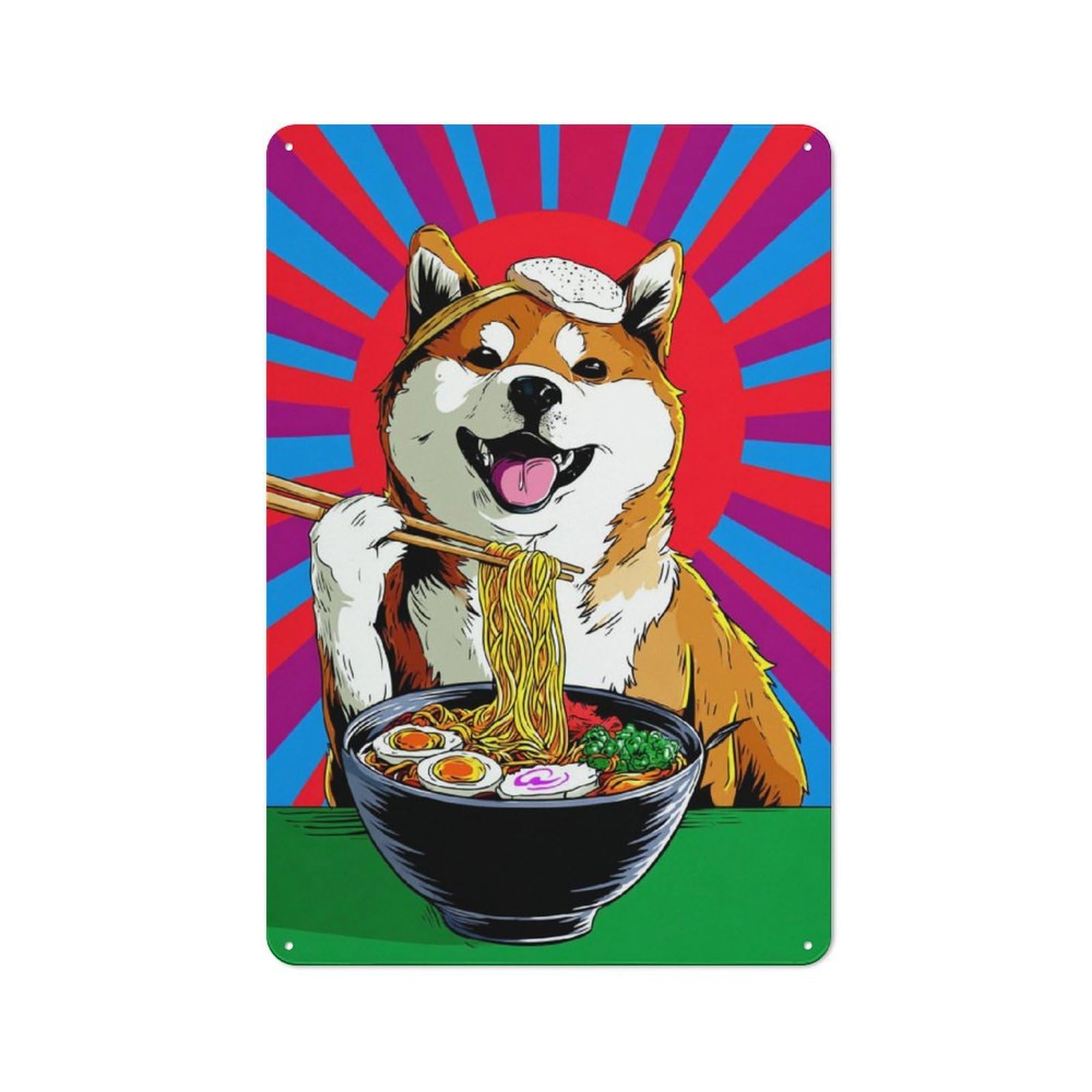 Junmoney Shiba Inu Enjoying Ramen Bowl Vintage Metal Wall Sign 30X20cm For Hobby Room Or Studio, For Hobby Room Decor Fans