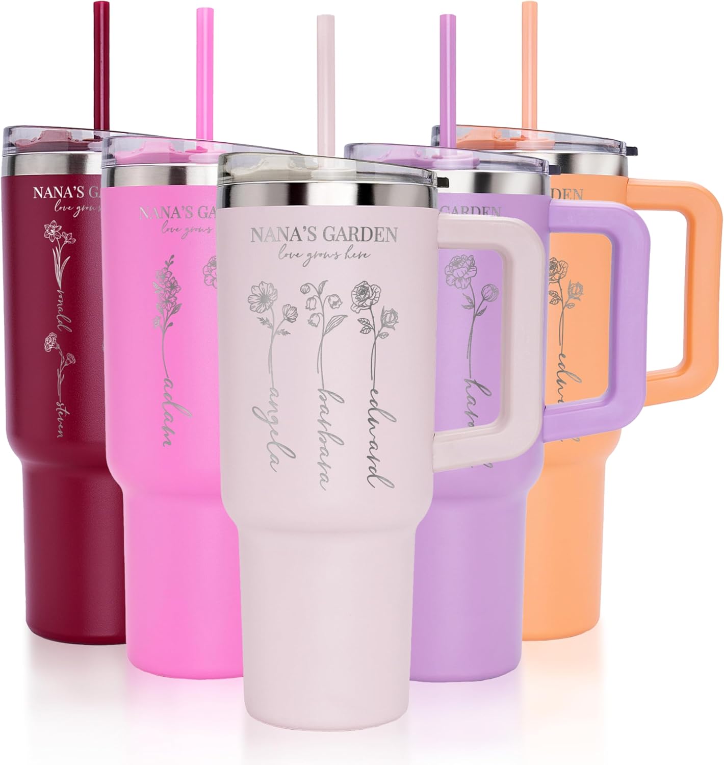 Mothers Day Gifts for Grandma, Personalized Grandma’s Garden 40 Oz Tumbler with Birth Flowers, Nana’s Tumbler 10 Colors – Up to 6 Flowers, Engraved Stainless Steel Travel Mug with Handle and Straw