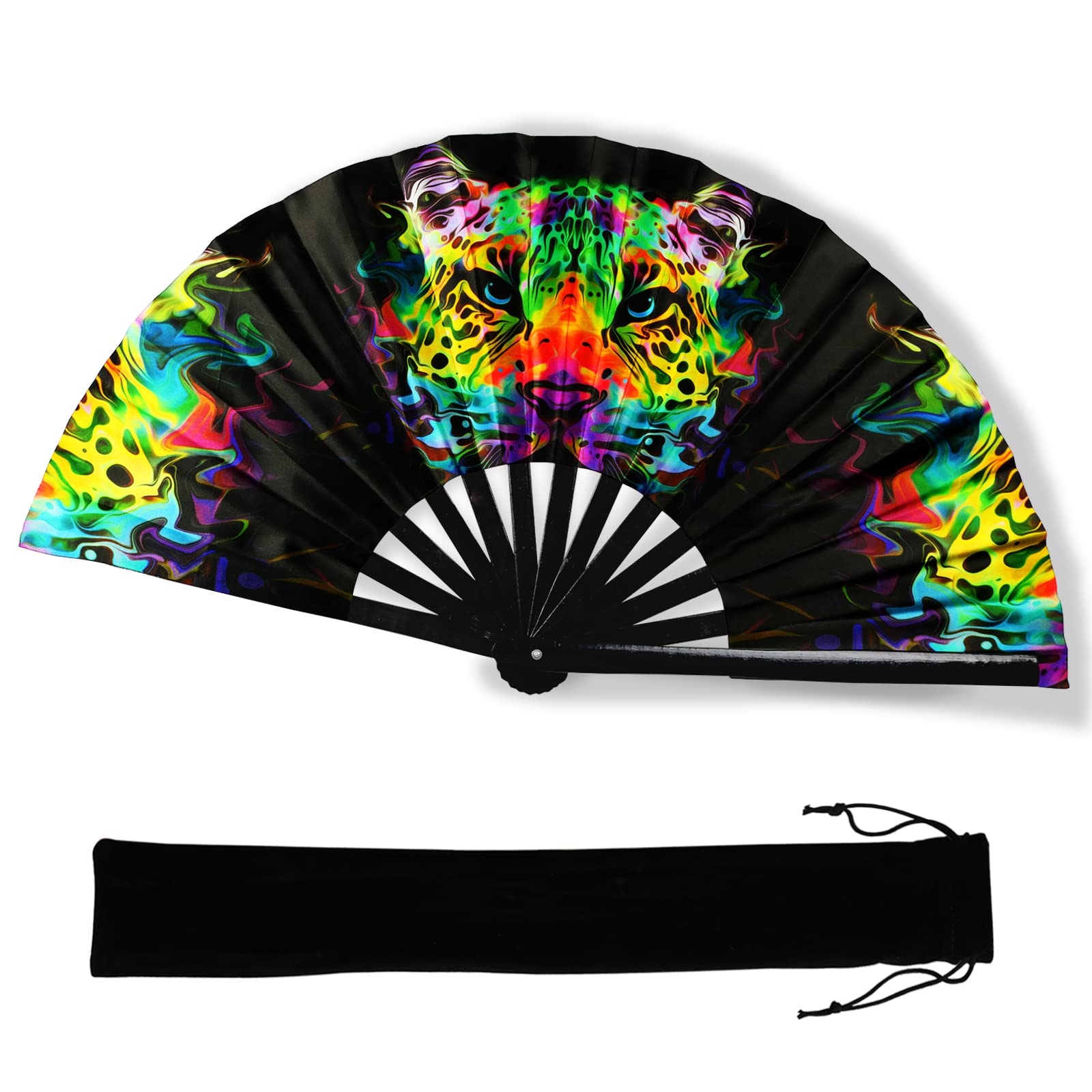 Threggrow Large Rave Festival Folding Hand Fan for Men/Womenwith Velvet Bag - Colorful UV Glow Clack Fan for Electronic Dance Music Party, Performance, Decorations, Gift