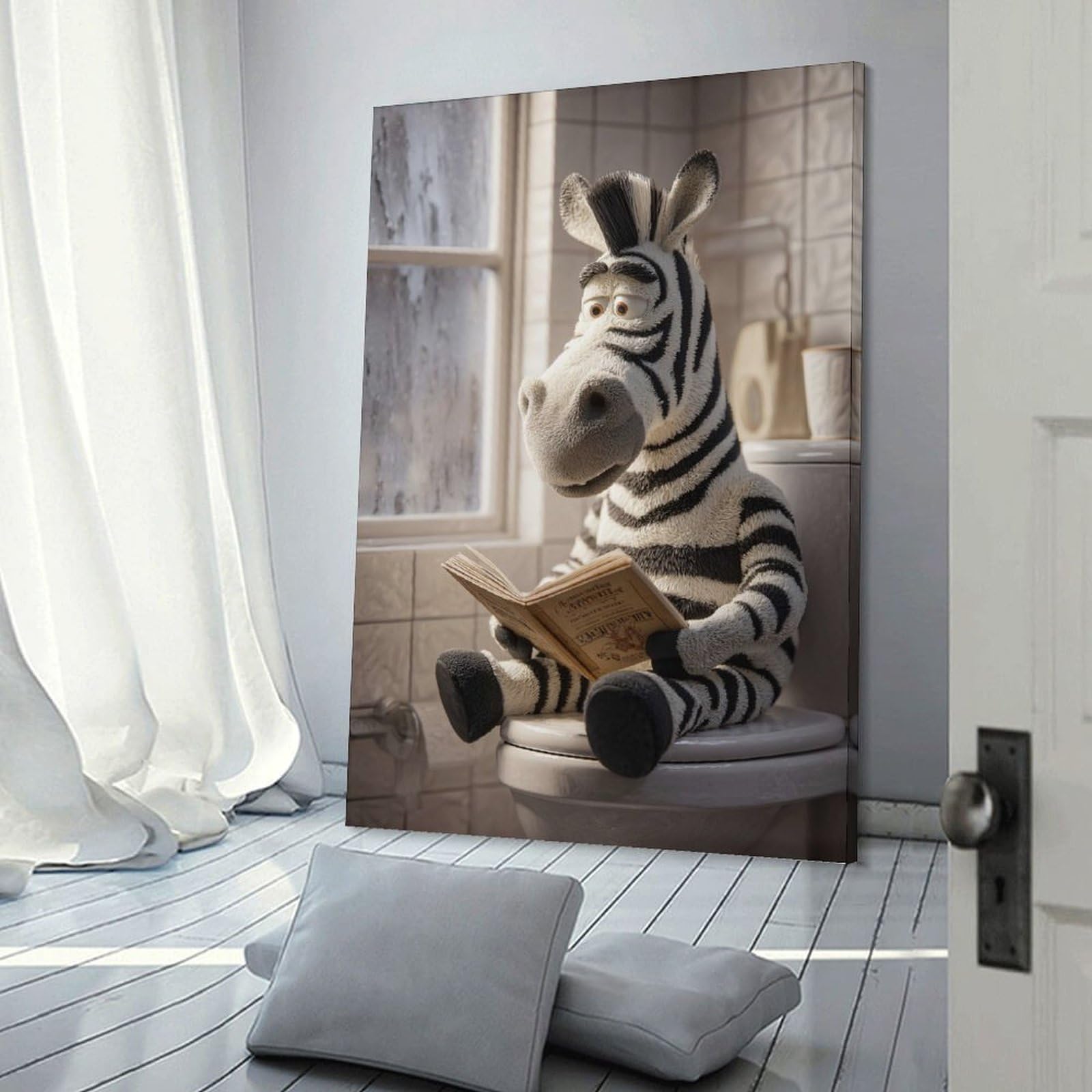 Junmoney Zebra Reading on Toilet Wall Picture Print 12x18inch(30x45cm), for Home Walls, Creative Rooms Or Shared Spaces, Stylish Home Artwork for Focal Walls