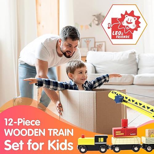 Miniatura 2 de Leo &amp; Friends Juego de tren de madera de 12 piezas para niños, perfecto para preescolares o regalo de cumpleaños de niños, incluye vagones, camiones
