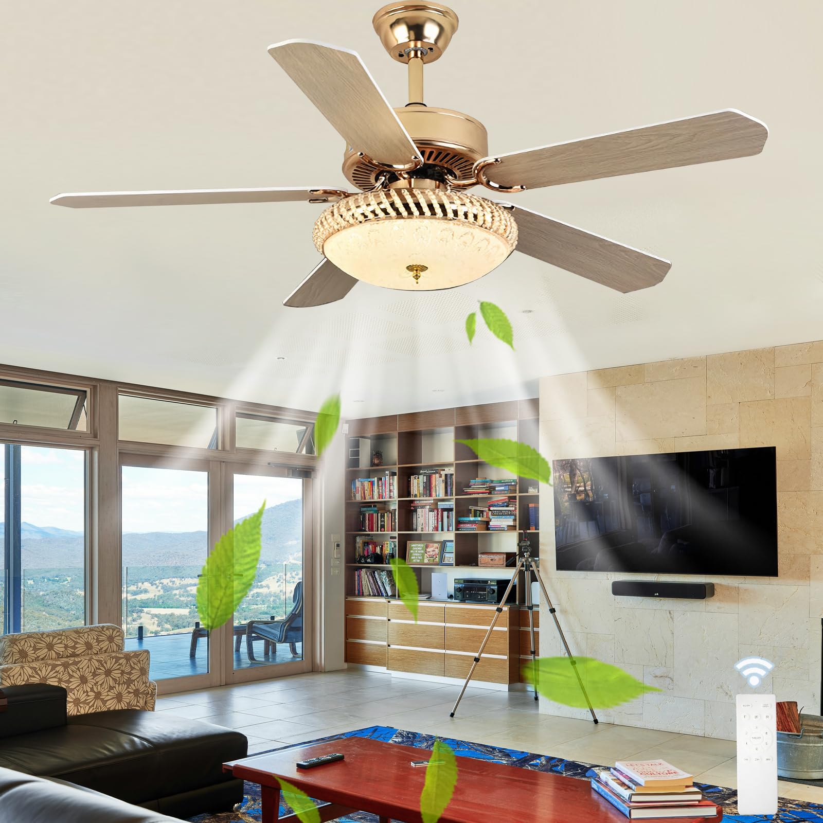 HXYSXHJUO 52" Ceiling Fans with Lights, Dimmable Lamps, Gold Retro Fan Light Ceiling, Suitable for Bedroom and Living Room, Lounge,Timer-Woodgrain