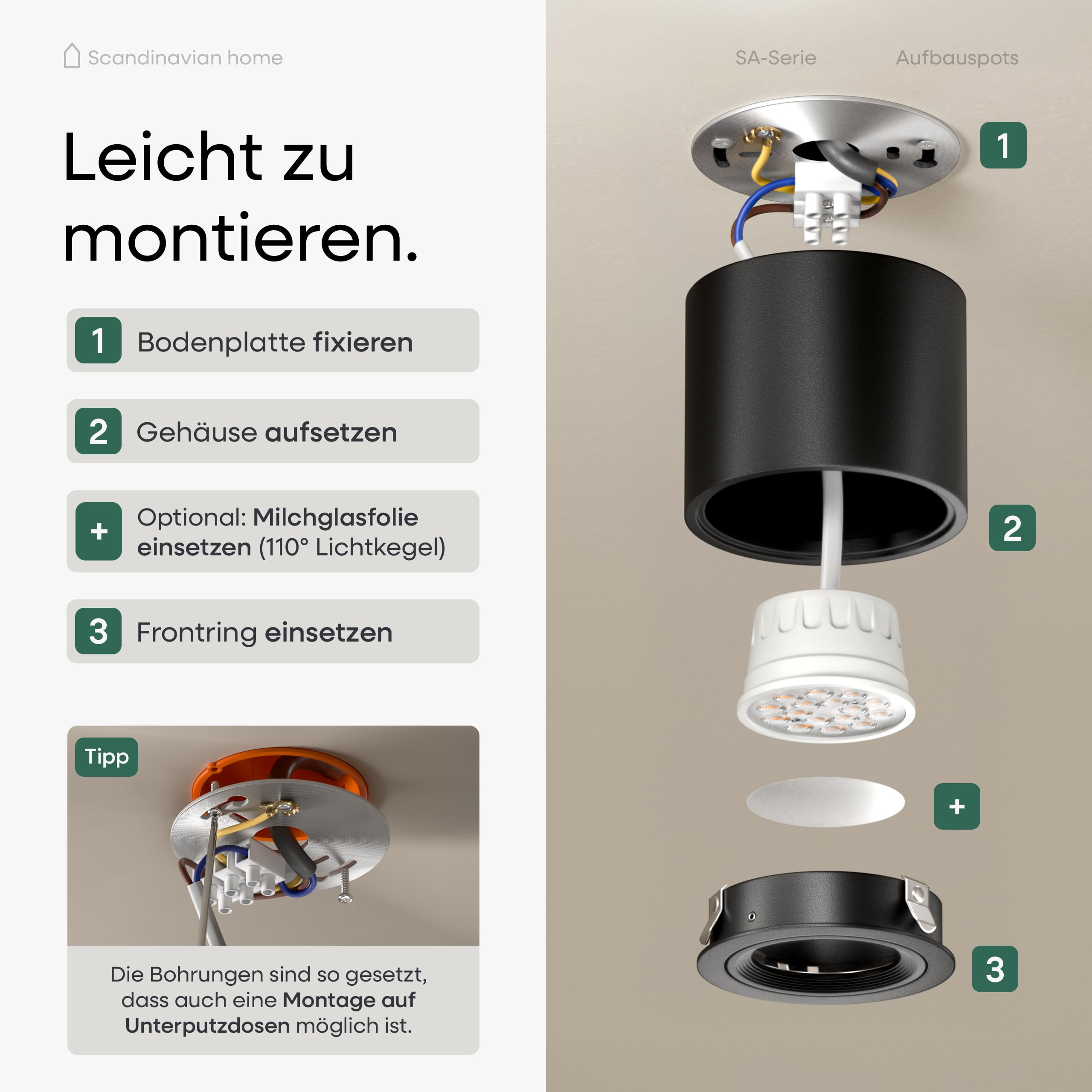 Scandinavian Home LED Aufbauspot 6er Set 230V Dimmbar Warmweiß 3000K 470lm CRI 90+ Deckenspots Aufputz Ø80x65mm Schwarz
