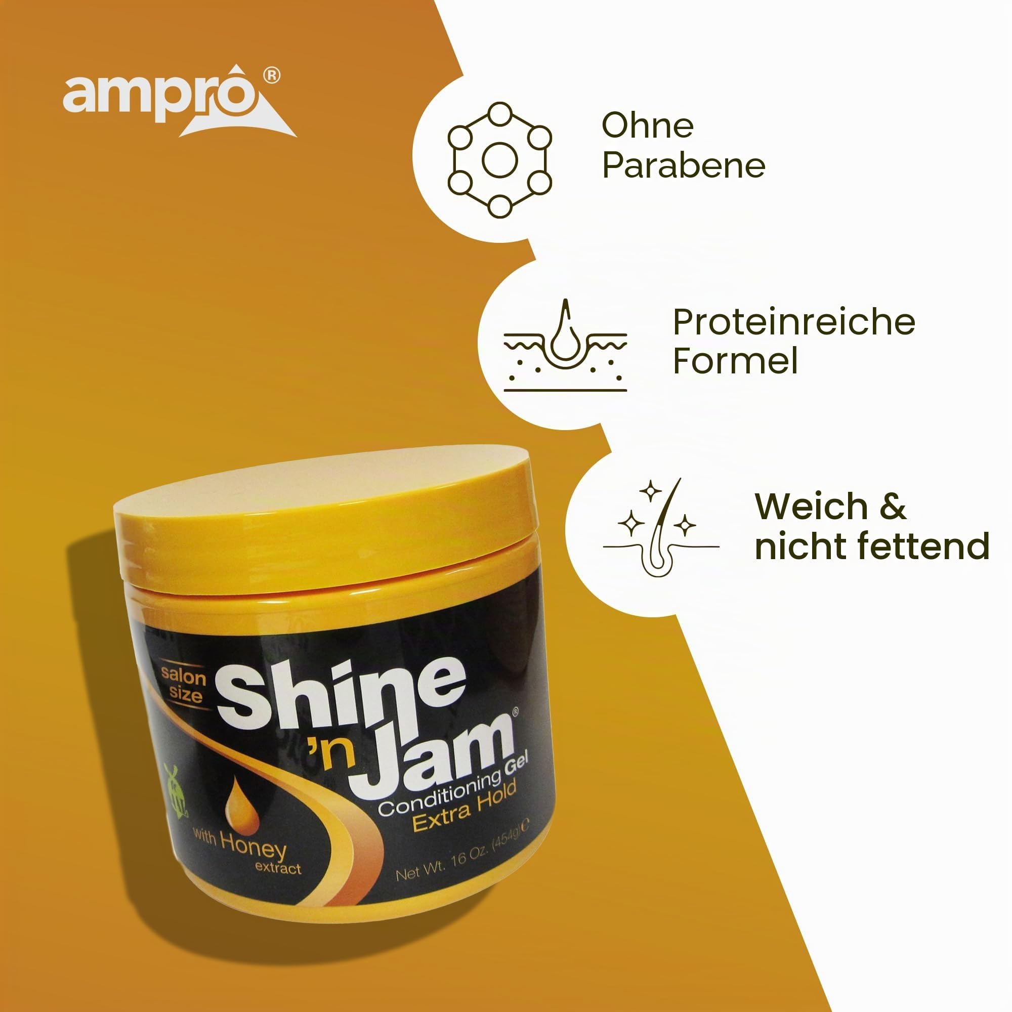 Ampro Shine-n-Jam Maximum Hold - Infused with Honey Extract to Strengthen Hair - Great for Taming Fringe, Ponytails, Soft Weaves and Braids - Keeps Firm Zöpfe mit Non-Greasy Shine - 454 g
