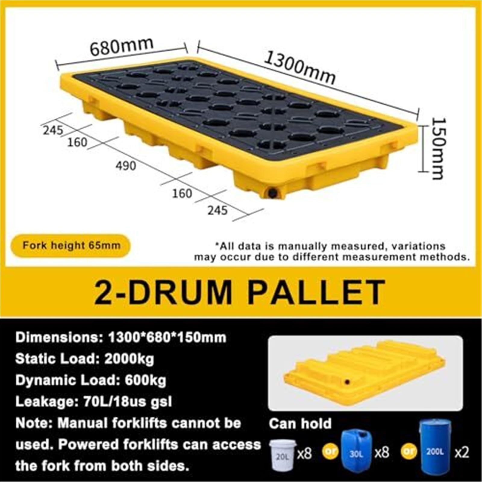 Vasca di Raccolta Olio con Scarico e Tasche for Carrello Elevatore, Pallet Anti-Perdite in HDPE, Piattaforma Modulare con Griglia Rimovibile, Contenimento Secondario Sicuro(130 * 68 * 15cm)