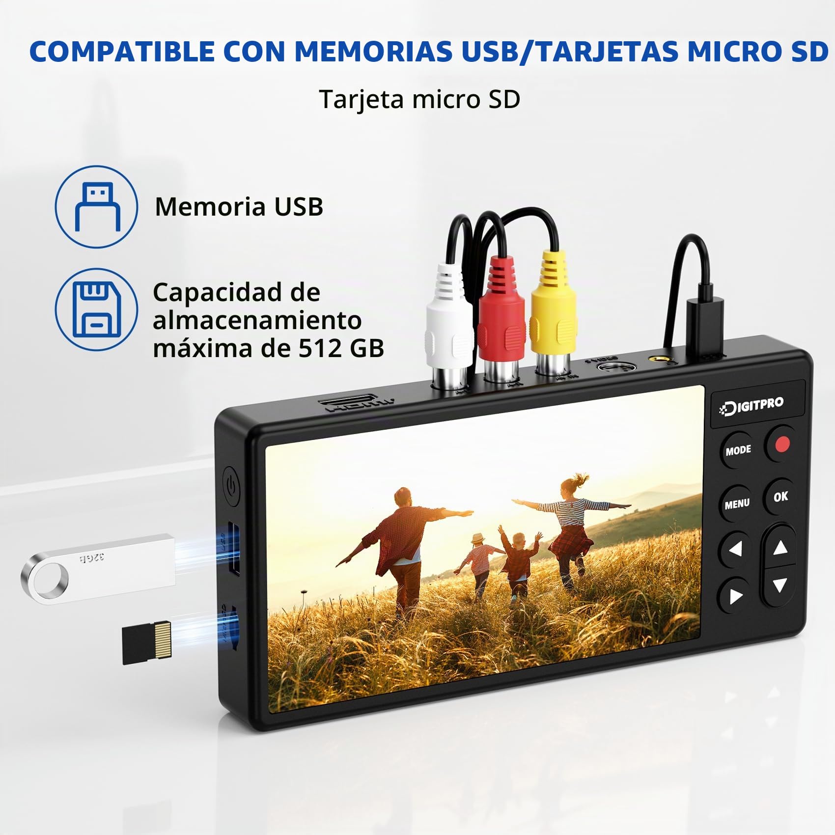 Convertidor VHS a Digital 3.0, video HD de 5 pulgadas a grabadora digital, convierte video y audio de VCR analógico, DVR, DVD, Hi8, Mini DV, cintas de casete de videocámara (se necesitan