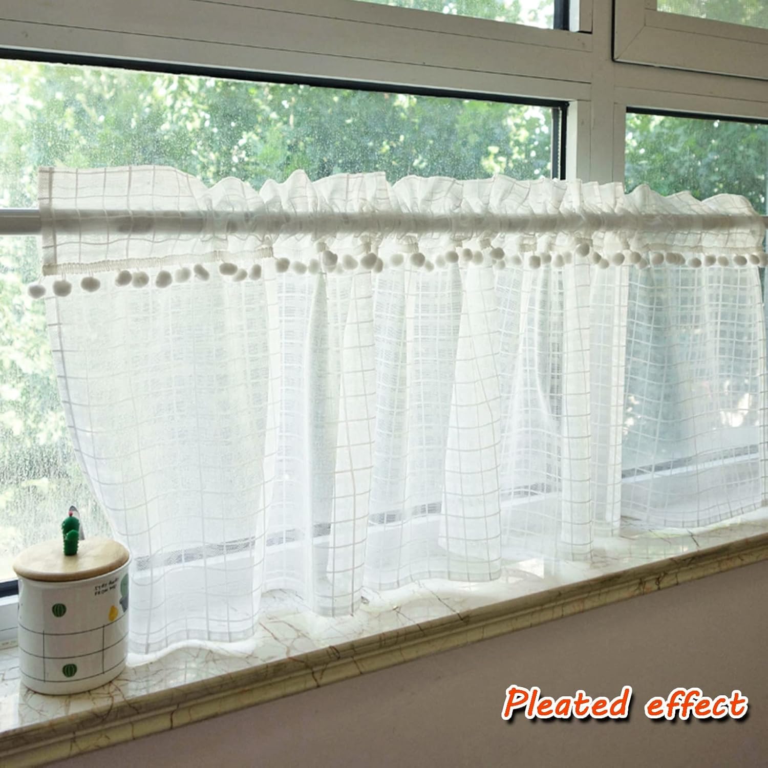 Kitchen Curtain White Lace Valance, Breathable yarn quality Tier Curtains, Semi Sheer with tassel ball one slice, Cafe Curtain Panels, for Living Room Bathroom Windows ( Size : W150xH80cm/59x31.4in )