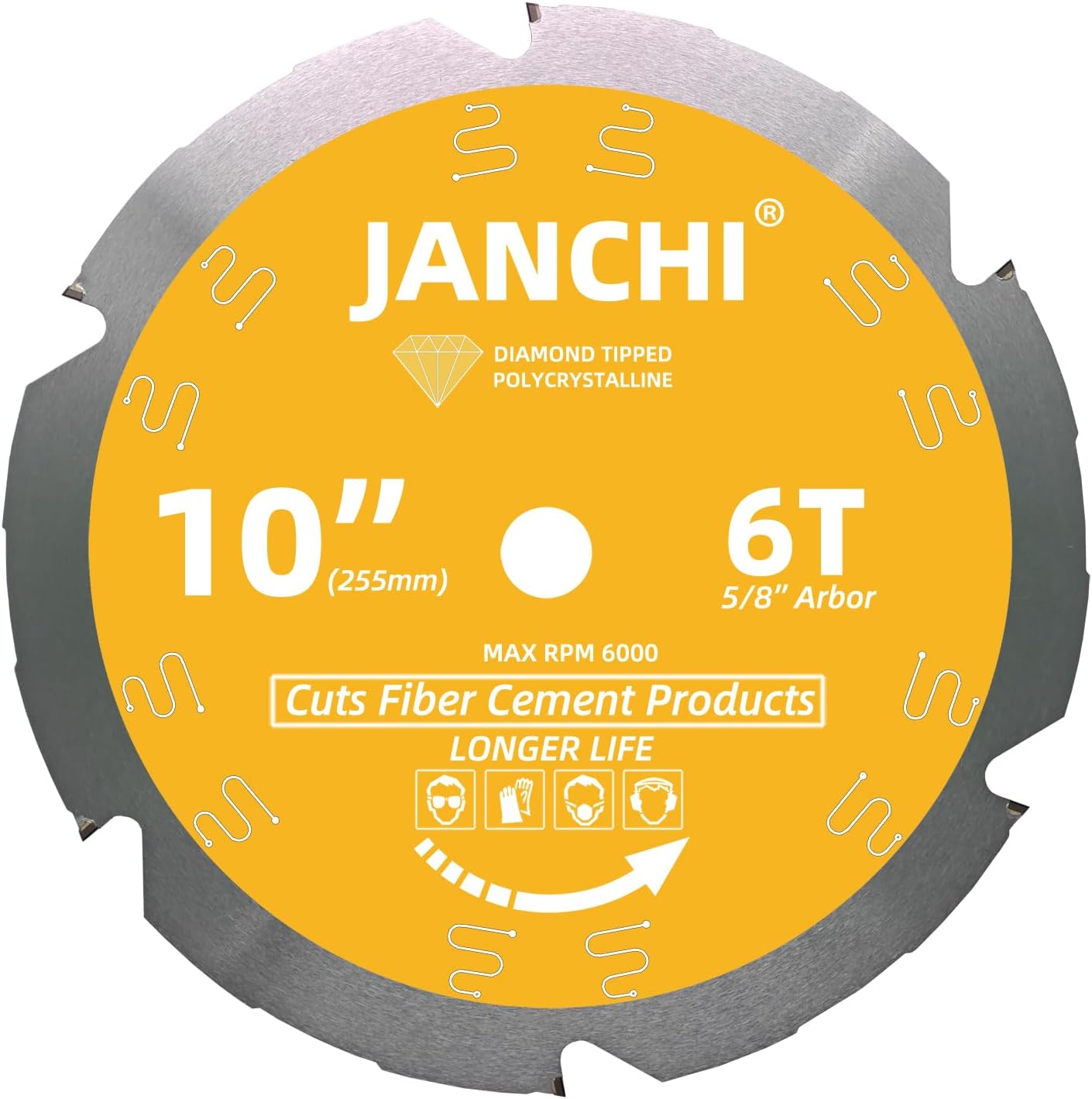 Janchi 10-Inch 6T PCD Tip Hardie Fiber Cement Saw Blade with 5/8-Inch DMK Arbor, Polycrystalline Diamond Tipped Teeth Saw Blade for Laminate Flooring