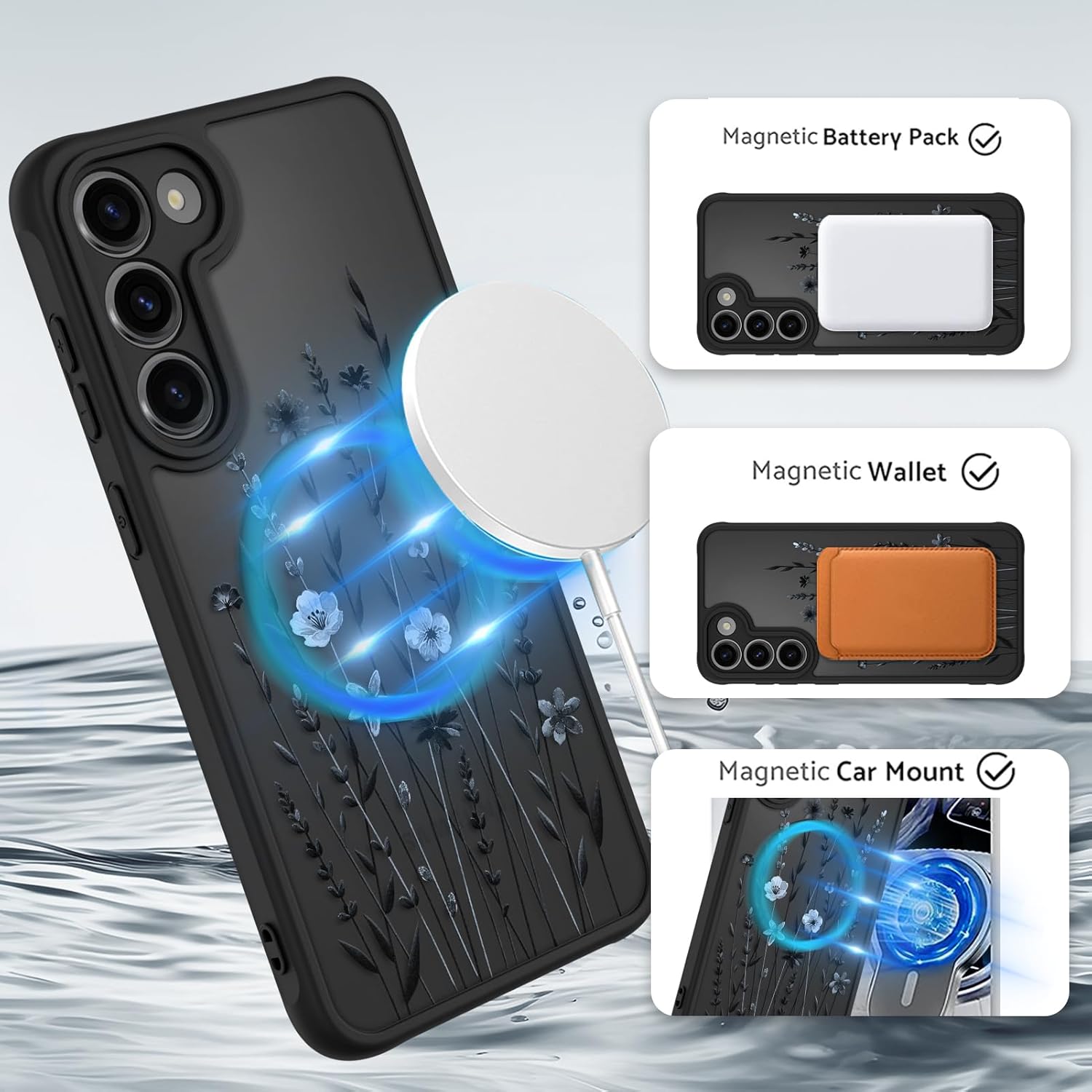 OOK Case for Samsung Galaxy S23 Plus 6.7 Inch (Wireless Charging Compatible) Cute Floral Flowers Translucent Phone Cover Soft TPU + Hard PC Anti-Scratch Shockproof Magnetic Case for Women - Image 2