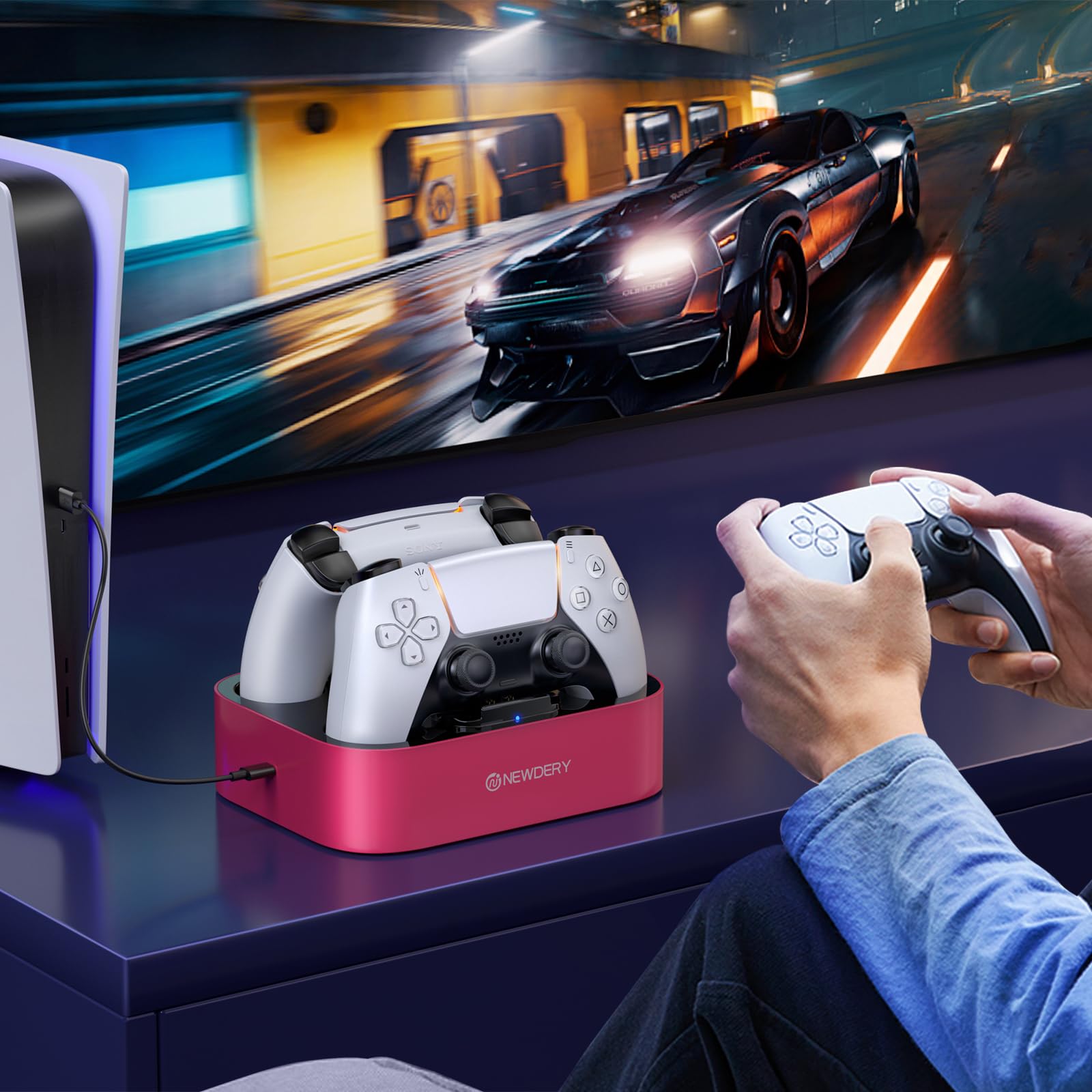 NEWDERY Station De Charge Pour Manette PS5 Compatible Avec Manette Dualsense Edge, Station De Charge Rapide Avec Câble