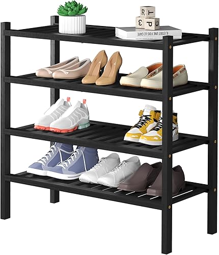Miniatura 9 de Estante de zapatos de bambú de 2 niveles, organizador de almacenamiento independiente para armario y entrada, apilable, 35"x11"x13" (negro)