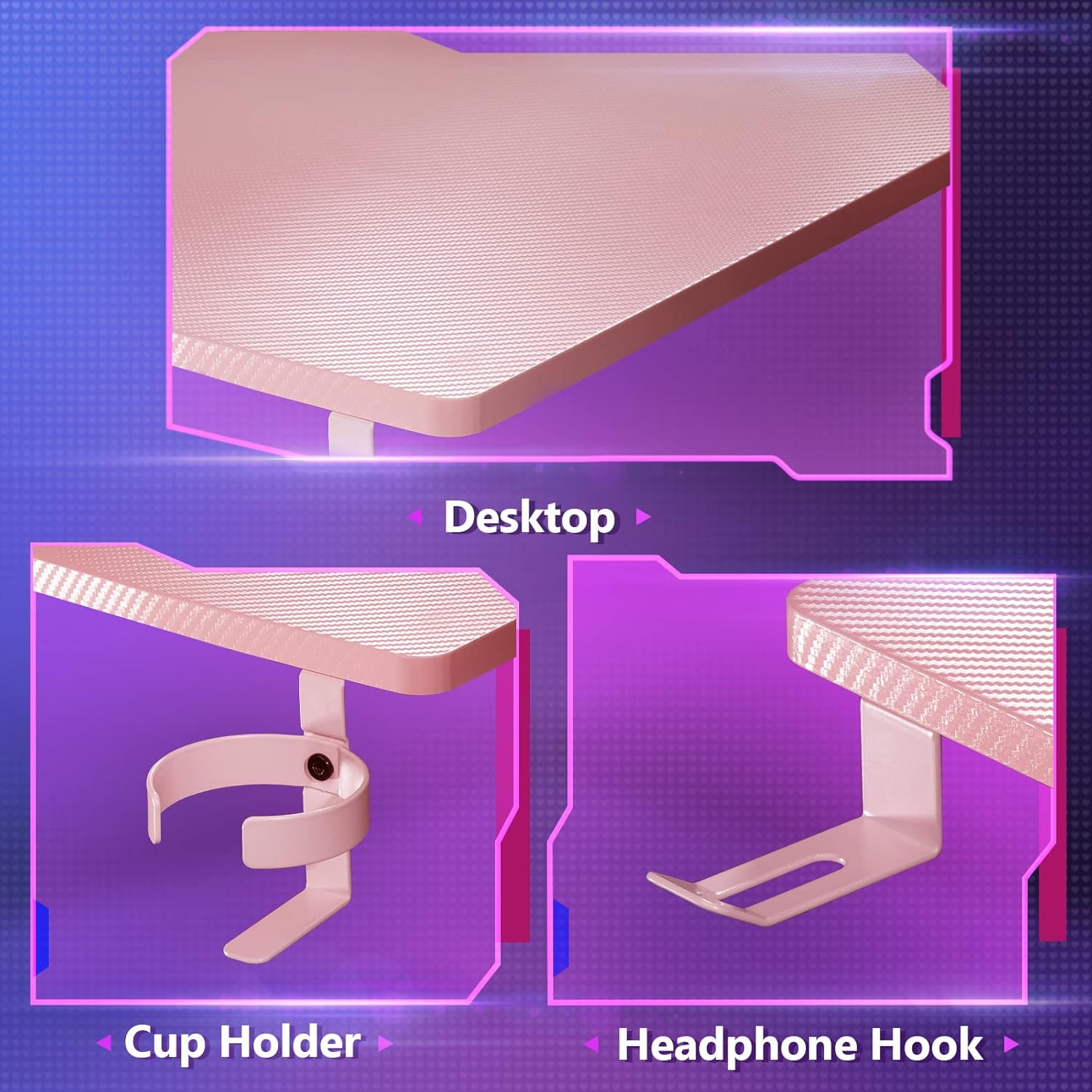 รายละเอียด view of the carbon fiber desktop texture, cup holder, and headphone hook accessories of the MOTPK Pink Gaming Desk.