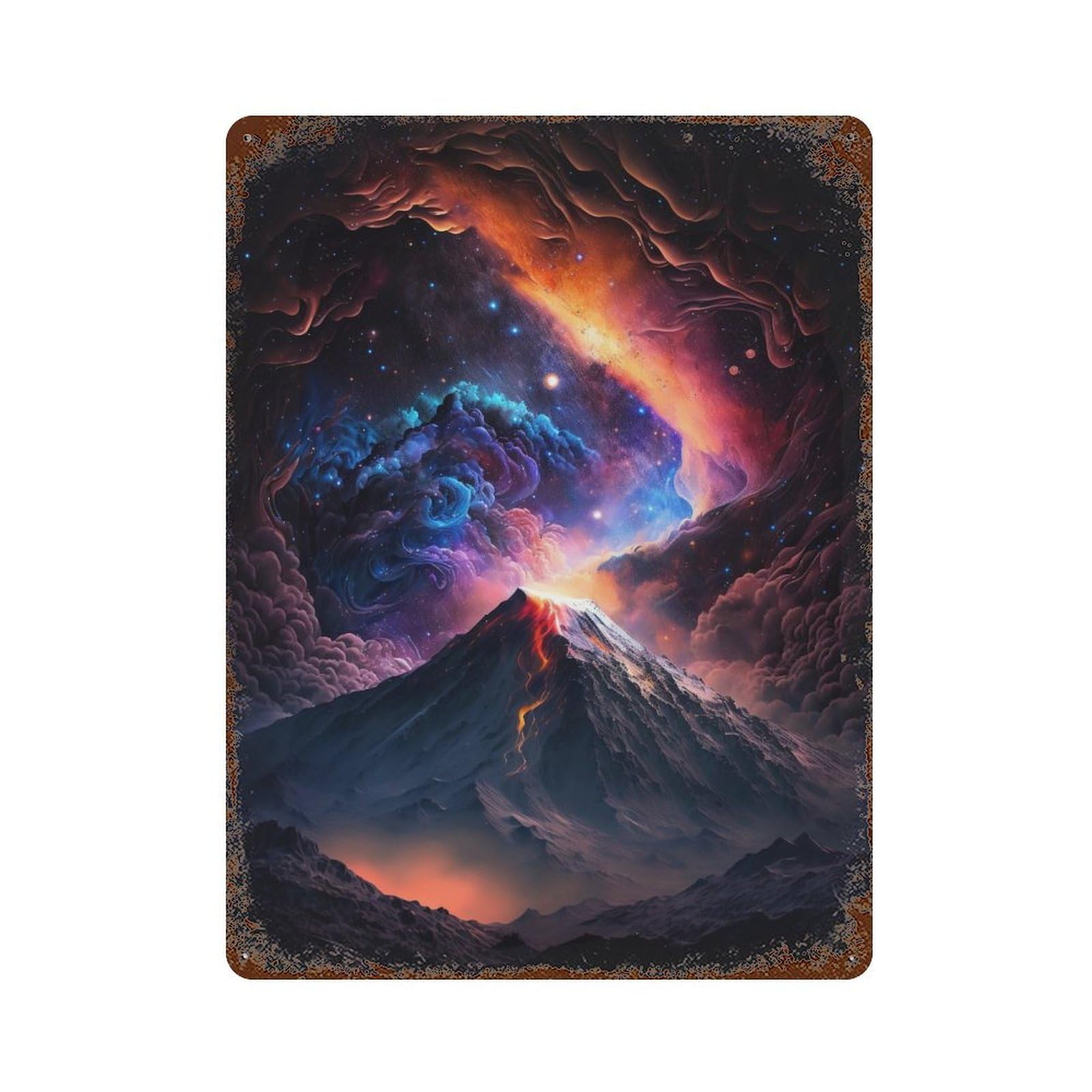 Volcanic Galaxy Landscape Rust Effect Tin Sign 15.7"x11.8", Retro Wall Decor for Pub, Kitchen And Man Cave Decor