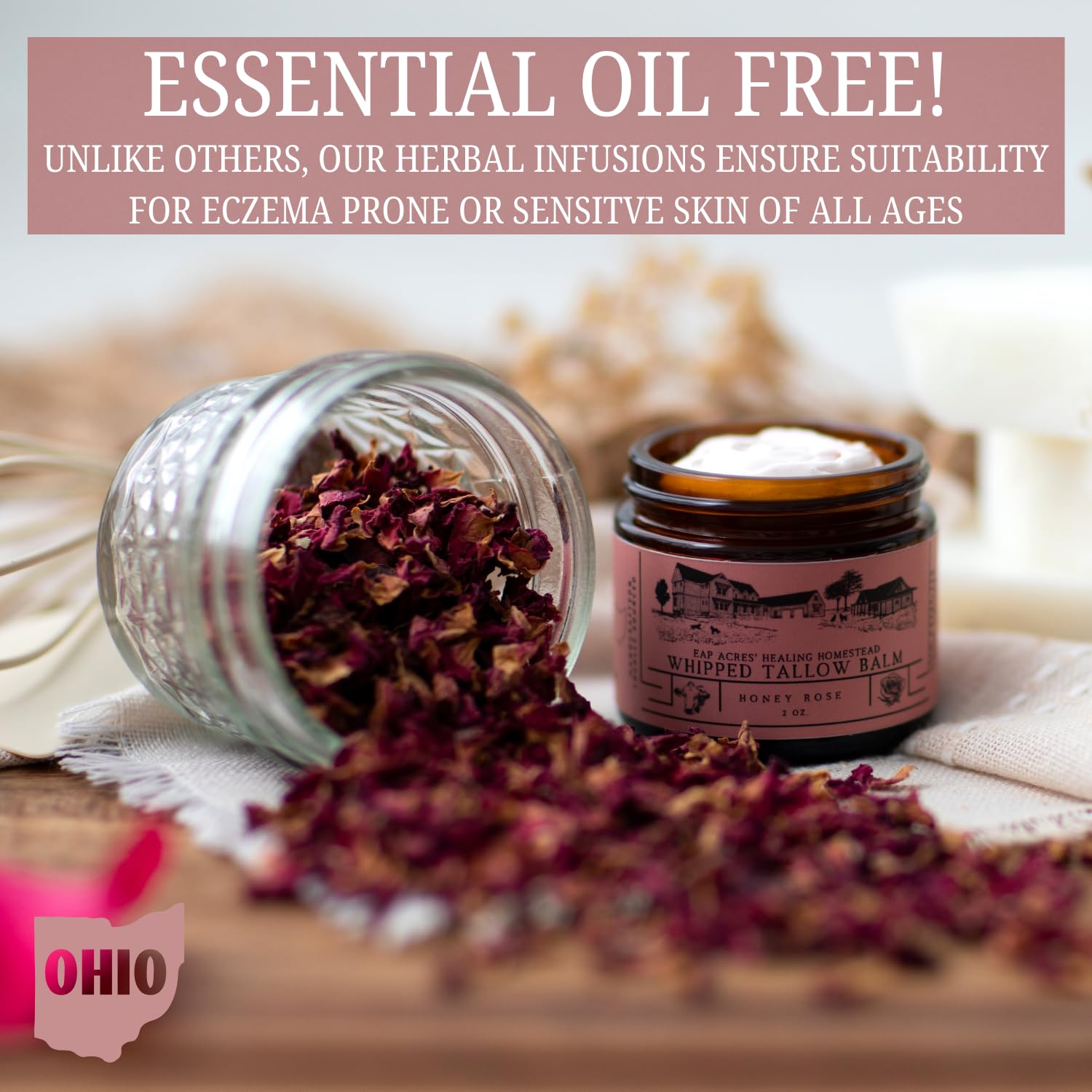 Rose-infused 100% Grass-Fed Whipped Tallow Balm-Organic Raw Manuka Honey & Organic Jojoba Oil, Rosehip Oil, Face and Body Moisturizer for Dry, Sensitive Skin, Eczema (Honey Rose)