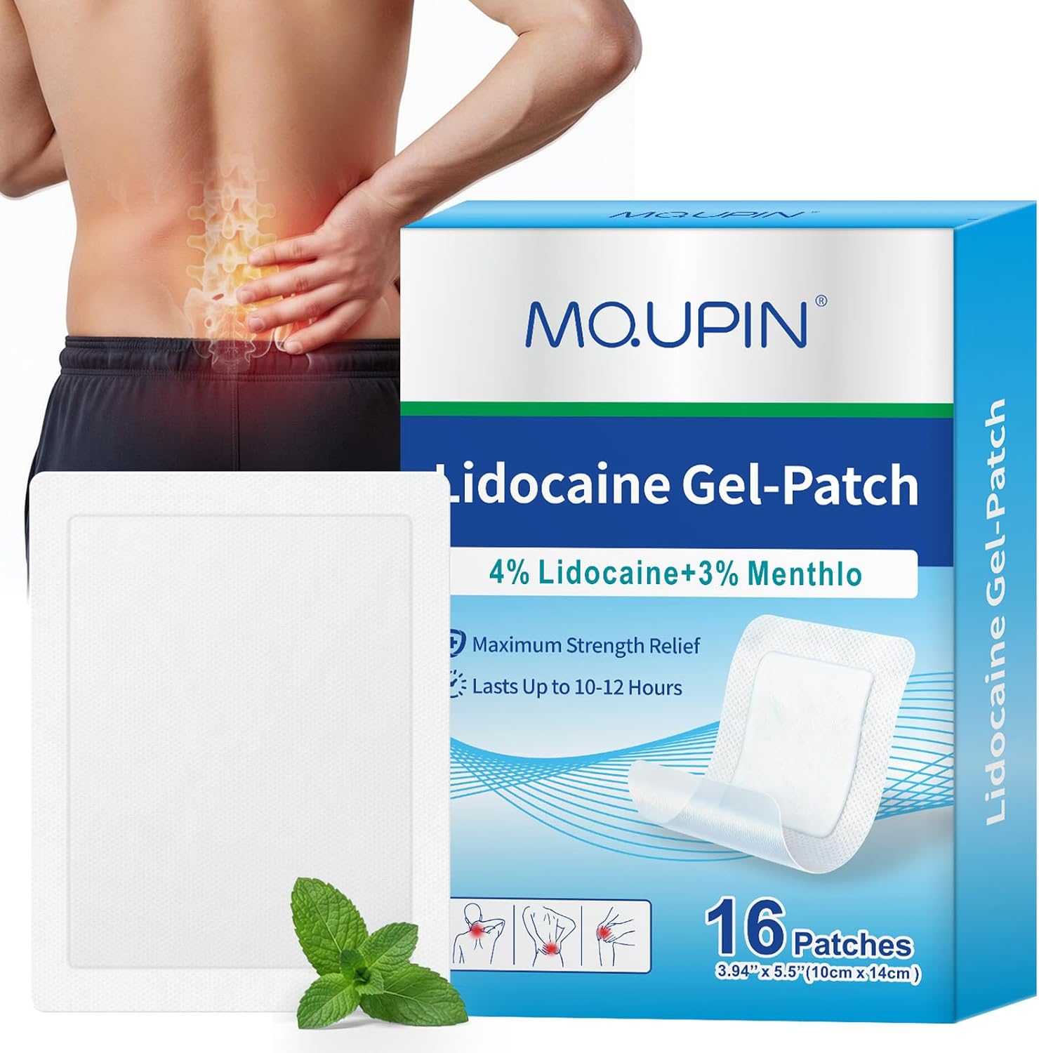 16Pcs Lidocaine Patches, 4% Lidocaine & 3% Menthol - Maximum Strength, Waterproof Patch with Auxiliary Adhesive Layer (12 Non-Woven + 4 PU Film) for Back, Neck, Shoulder, Joint & Muscle Discomfort