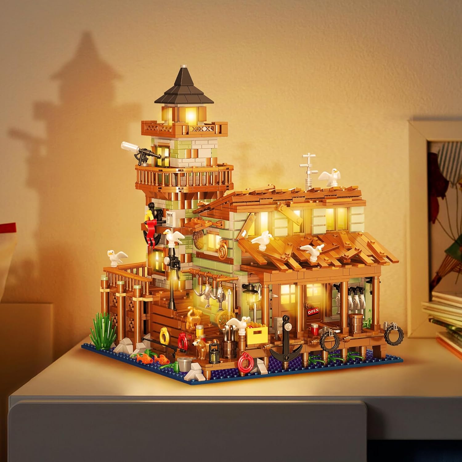 1881PCS Fishing Village Wood Cabin mini Building Blocks Toys with Led Lighting,Creative Ideals Fishing House Building Sets, Best Choice for 6+ Boys, Girls or Adults(Not Compatible with Lego)