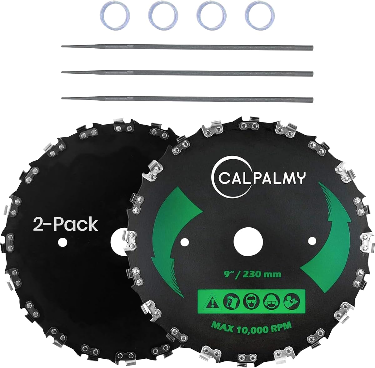 (2-Set) 9" x 20T Chainsaw Tooth Brush Blades - Weed Eater Saw Blade Kit with 2 Carbon Steel Round Chainsaw Blades, 3 Round Files, and 4 Washers for Brush Cutters, String Trimmers, and Weed Wreckers