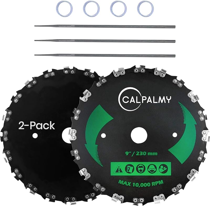 (2-Set) 9" x 20T Chainsaw Tooth Brush Blades - Weed Eater Saw Blade Kit with 2 Carbon Steel Round Chainsaw Blades, 3 Round Files, and 4 Washers for Brush Cutters, String Trimmers, and Weed Wreckers