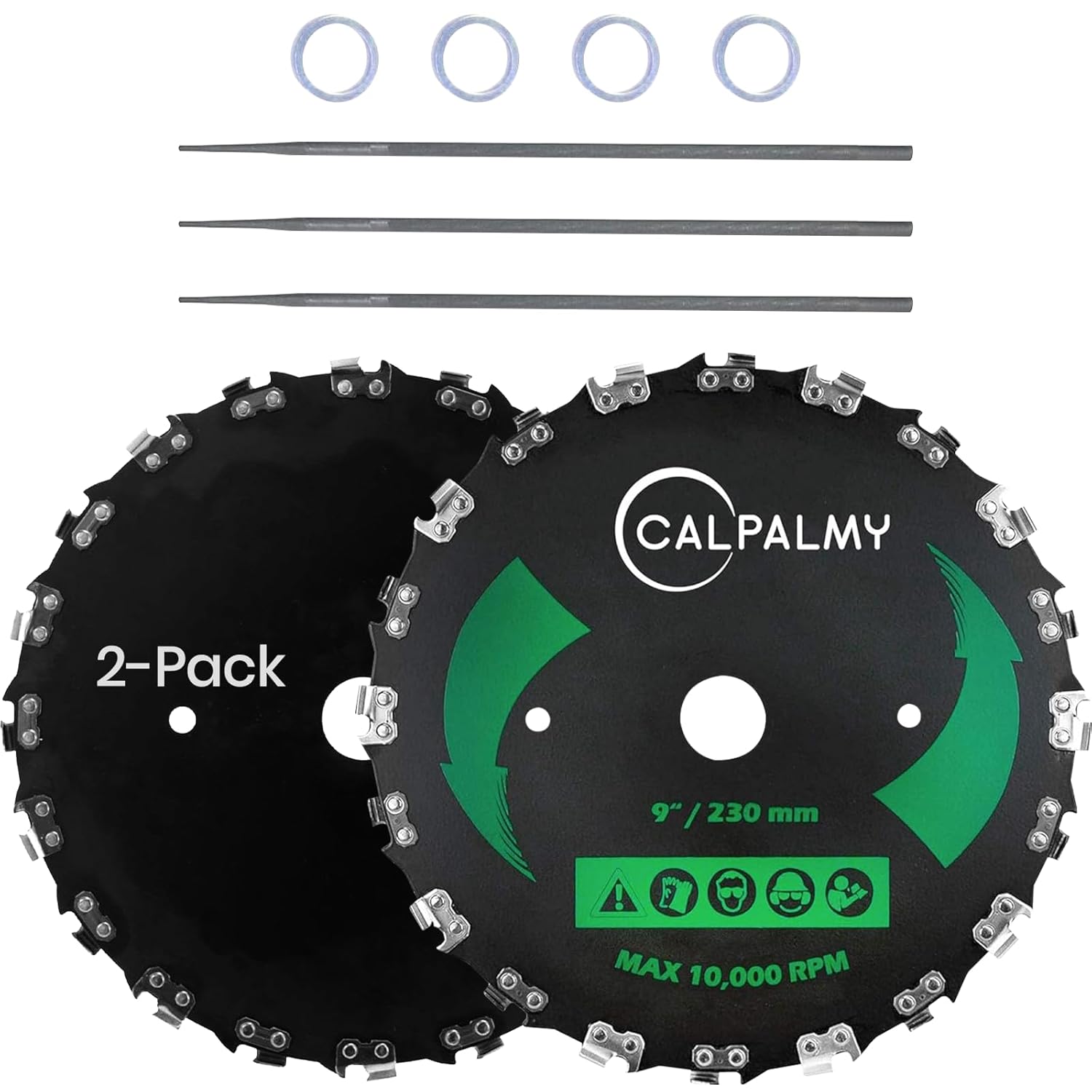 (2-Set) 9" x 20T Chainsaw Tooth Brush Blades - Weed Eater Saw Blade Kit with 2 Carbon Steel Round Chainsaw Blades, 3 Round Files, and 4 Washers for Brush Cutters, String Trimmers, and Weed Wreckers