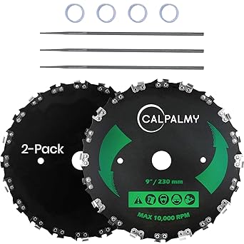 2-Set 9" x 20T Chainsaw Tooth Brush Blades - Weed Eater Saw Blade Kit with 2 Carbon Steel Round Chainsaw Blades, 3 Round Files, and 4 Washers for Brush Cutters, String Trimmers, and Weed Wreckers