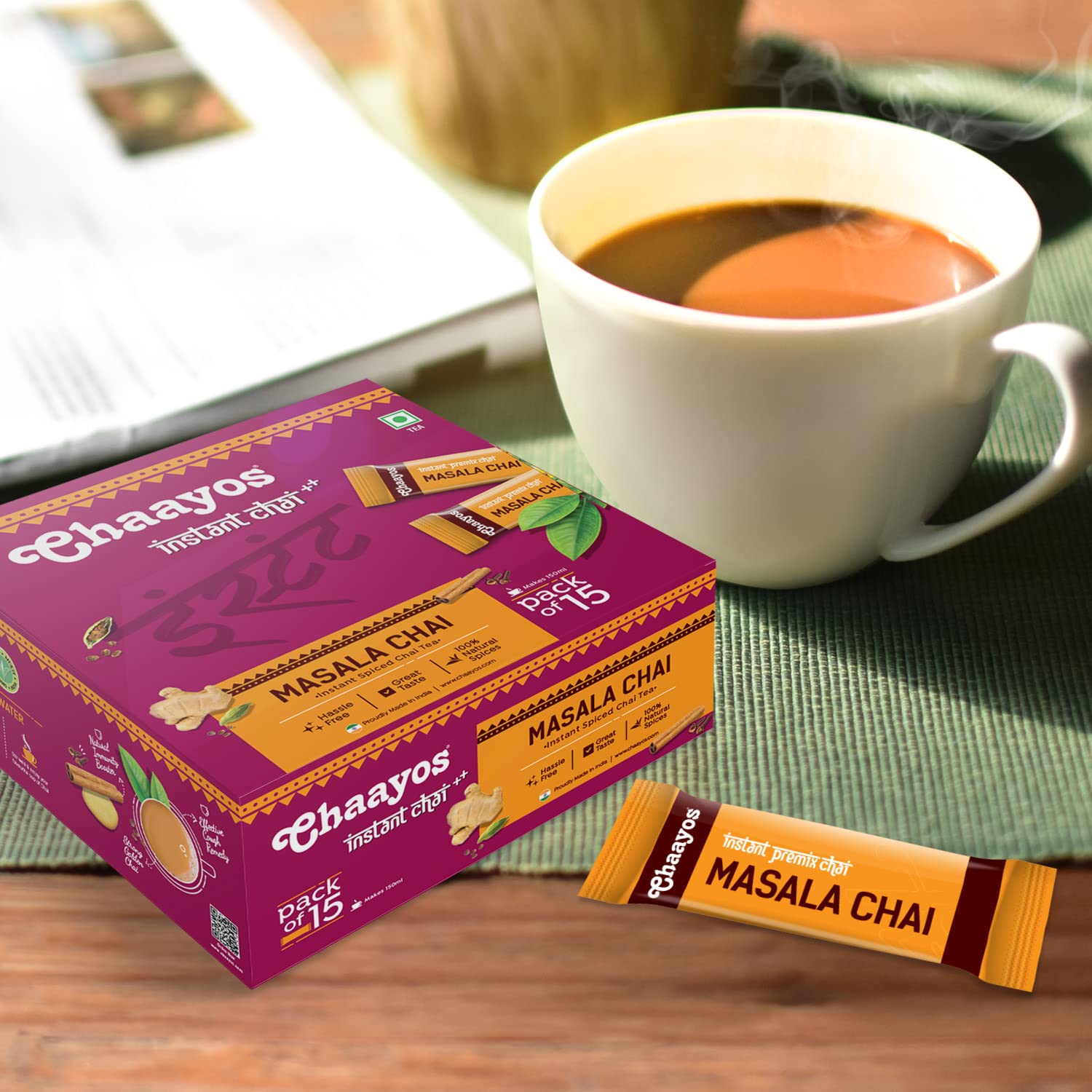 Chaayos Instant Tea Premix - Regular Sugar - Masala Flavour | Ready Made 1 Min Chai Powder (15 Sachets)