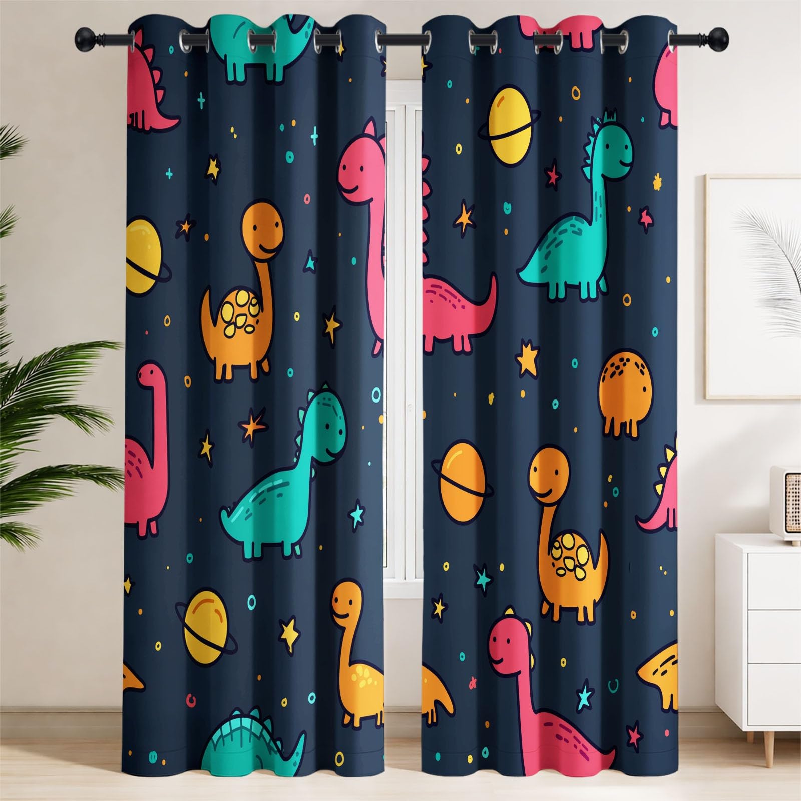 Générique Rideaux en Rideau Occultant Thermiques Rideaux à Oeillets Cartoon Space Dinosaur Planet Galaxy Stars Blue Kids Pattern pour Chambre Salon 2 Panneaux 117 x 229 CM