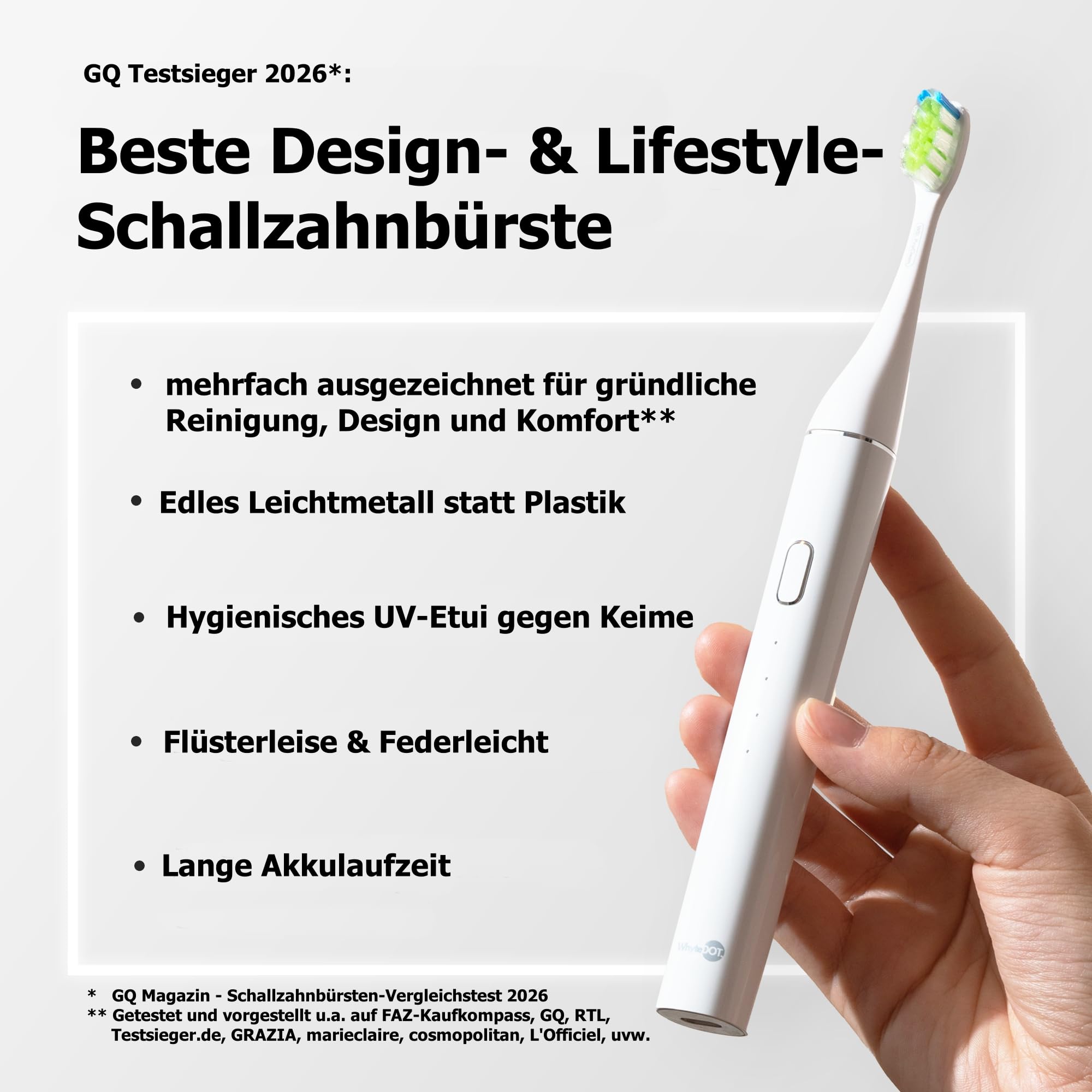 WhyteDOT® Schallzahnbürste Testsieger 2026* – leise Schallzahnbürste aus Aluminium statt Plastik, für empfindliche Zähne, UV-Reiseetui, bis zu 6 Wochen Akku