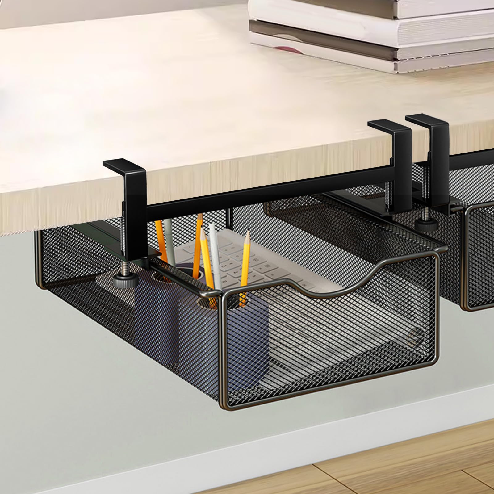 Lukymod Metal Mesh Under Desk Drawers No Drill Slide-Out Duty Drawer Hidden Desk Organiser Under Shelf Hanging Storage Basket with Clamp Mount Fits Home Office, School, Kitchen & Living Room