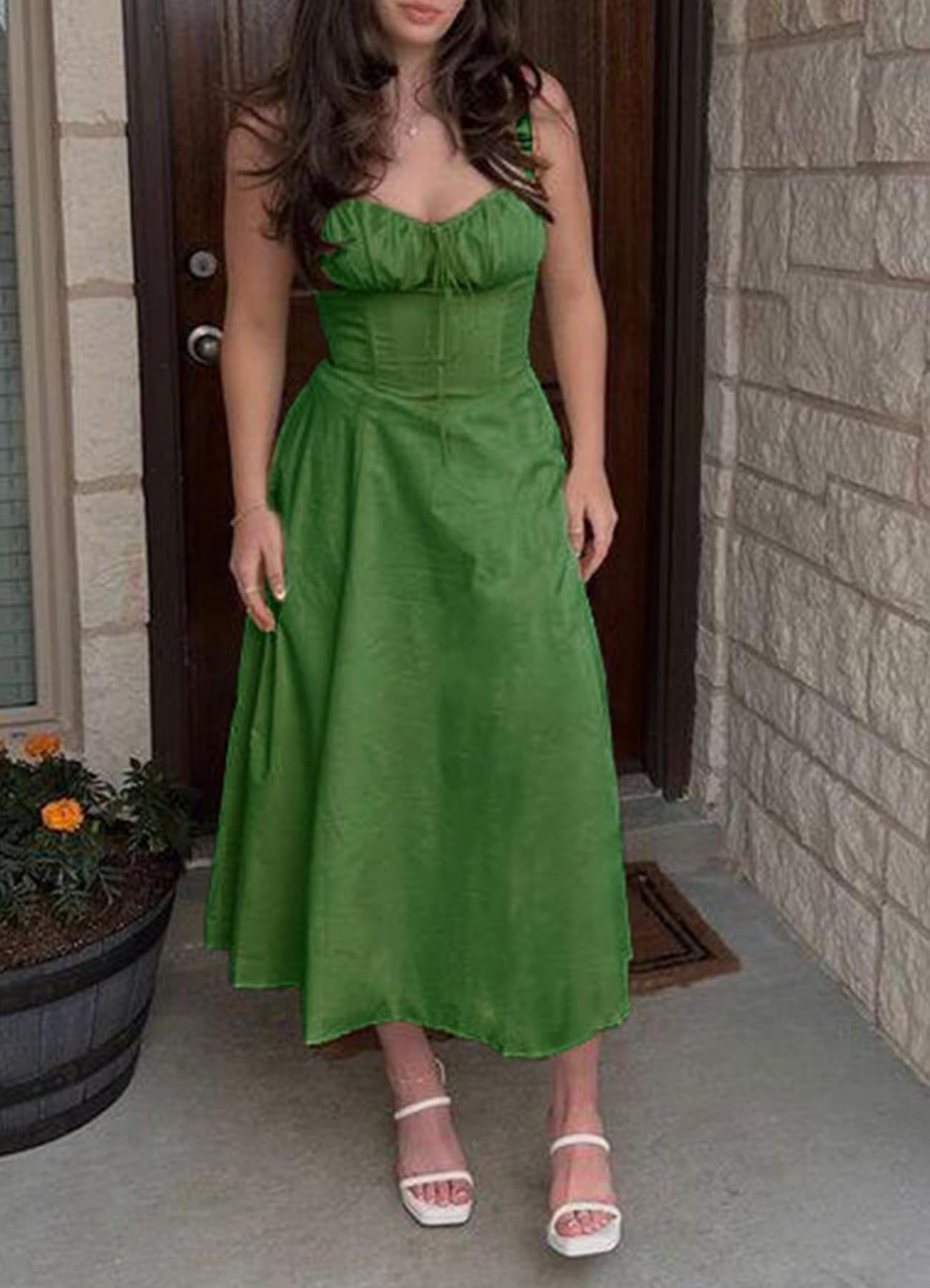 Women Casual Corset Dress Sleeveless Lace Up Ruched Bodycon Split Tie Square Neck A Line Boho Flowy Maxi Sundress: Medium Green