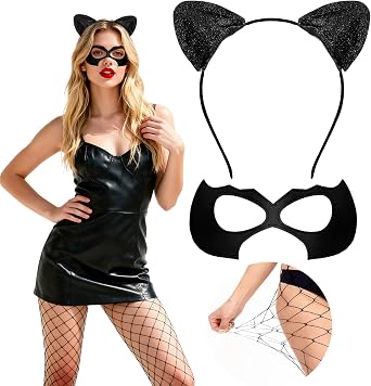 Voiiake Black Cat Ears Headband, Woman Mask & Fishnet Stockings Set - Cat Costume Outfit Woman Adult Women, Halloween Costume Accessories Dress-Up for Party and Cosplay