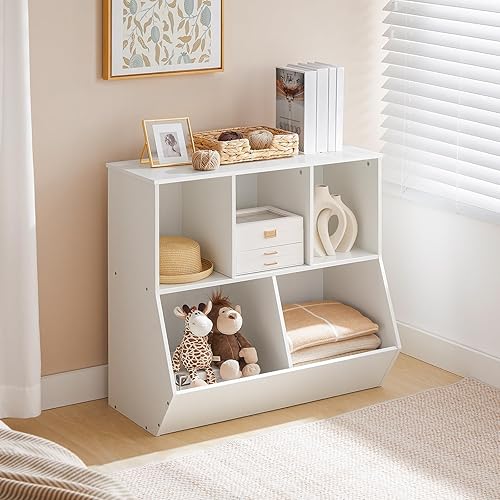 Miniatura 5 de HOOBRO Estantería para niños, estribo de biblioteca, cubo de almacenamiento de juguetes de 31.5 pulgadas de largo, estante de juguetes para niños,