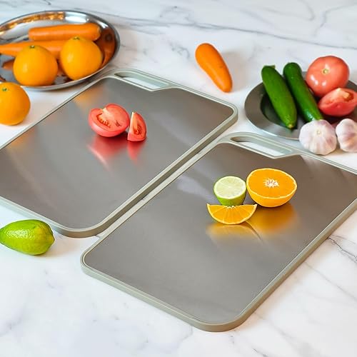 Miniatura 2 de LIHOOOOM Borada de corte de acero inoxidable, acero inoxidable y paja de trigo, tabla de cortar de doble cara de grado alimenticio para cocina,