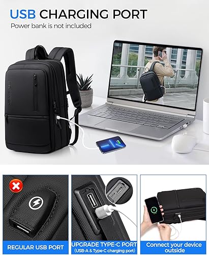 Miniatura 4 de Mochila de trabajo para hombre, mochila expandible con puerto de carga USB C, resistente al agua, mochila para laptop de 15.6 pulgadas, color negro