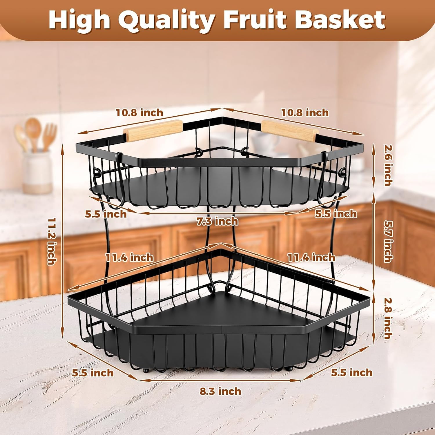 Corner Fruit Basket for Kitchen Counter - 2 Tier Fruit Basket with Detachable Banana Holder, Large Capacity Metal Fruit Stand with Wooden Handle for Bread, Fruit and Vegetable Storage
