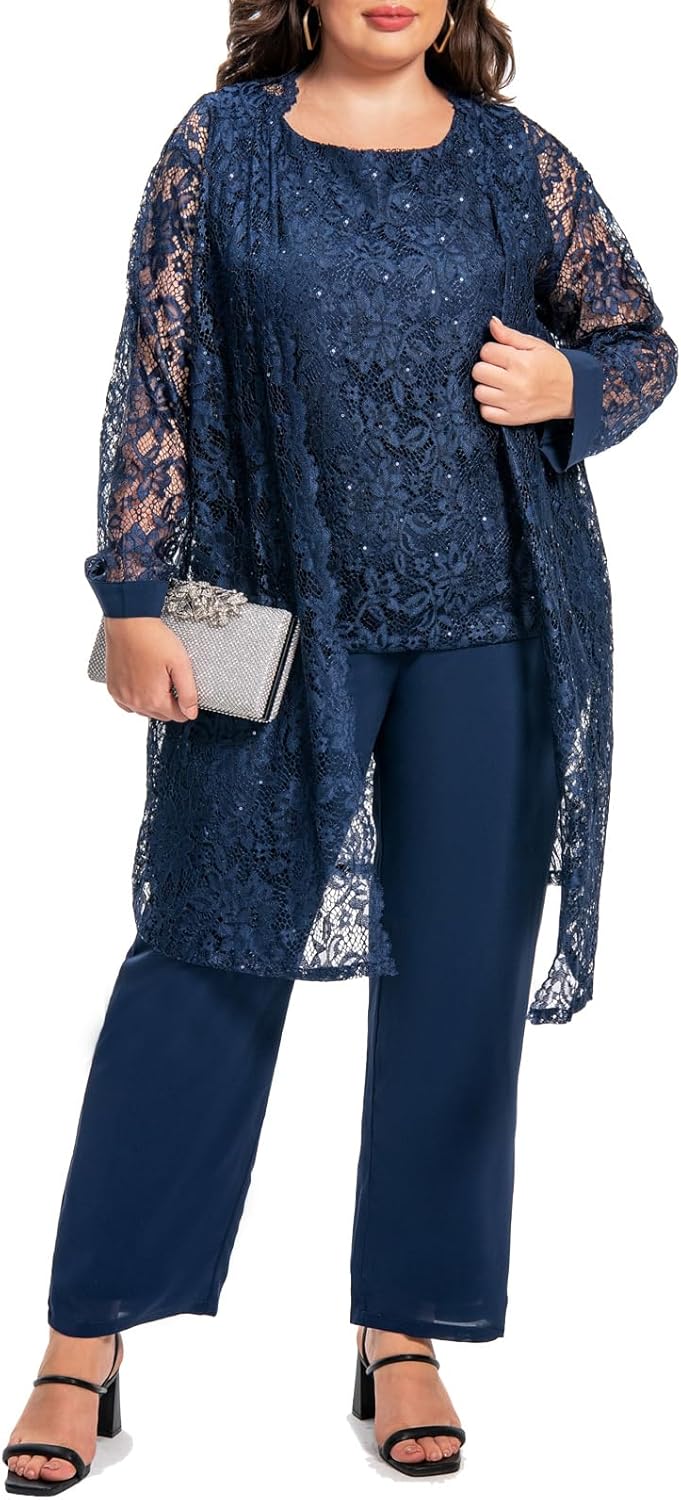 Plus Size Elegant Mother of The Bride Pant Suits Chiffon Pant with Women's Tank Top and Sequin Lace Jacket Evening Gown