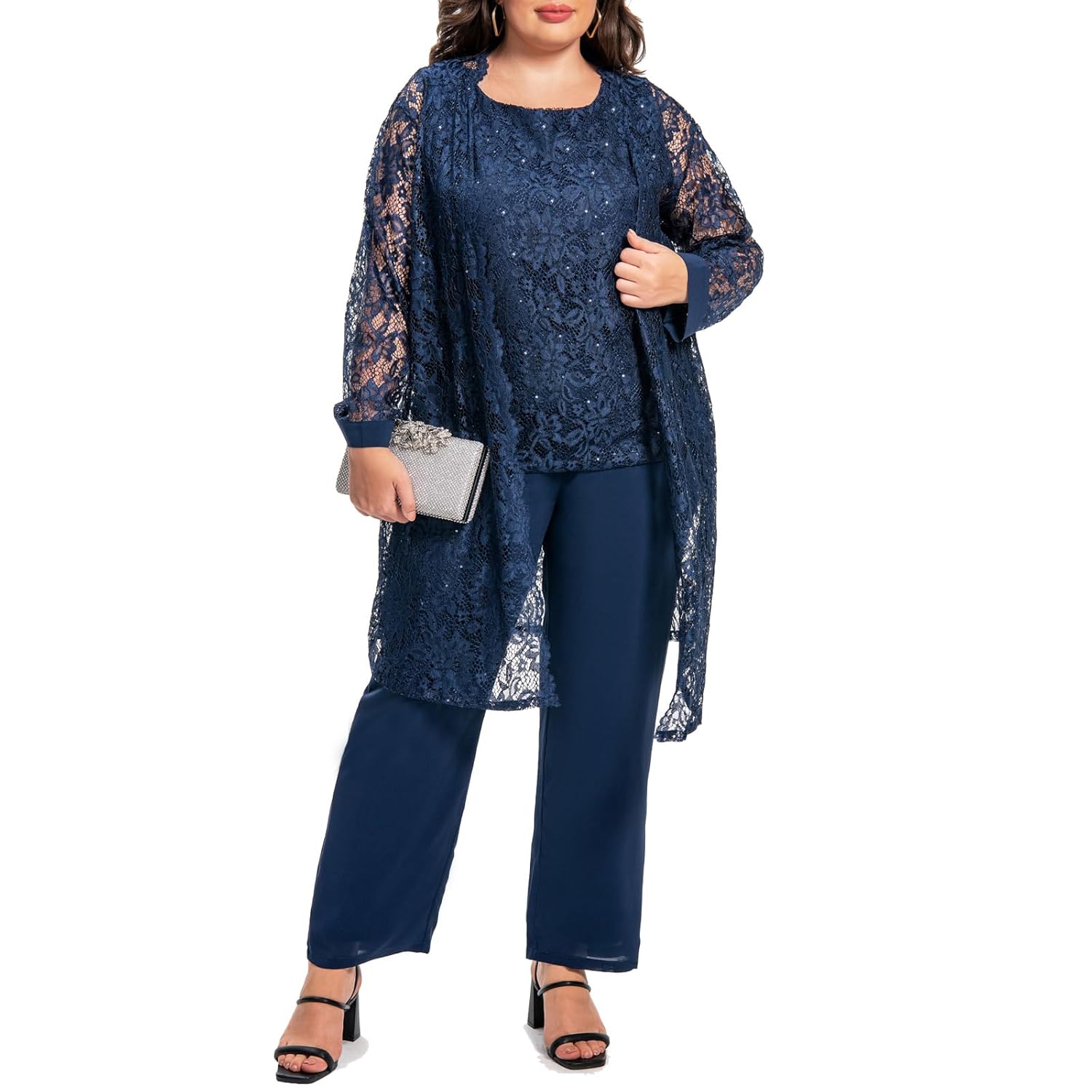 Plus Size Elegant Mother of The Bride Pant Suits Chiffon Pant with Womens Tank Top and Sequin Lace