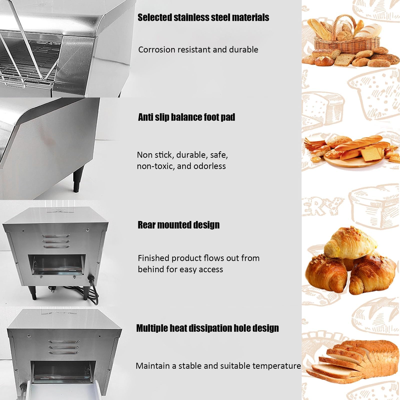 Tostadora transportadora 150/300/450 rebanadas/hora Tostadora comercial para restaurante Horno tostador de acero inoxidable de 2200 W para restaurante/buffets/día familiar/camping 450Slices/Hour