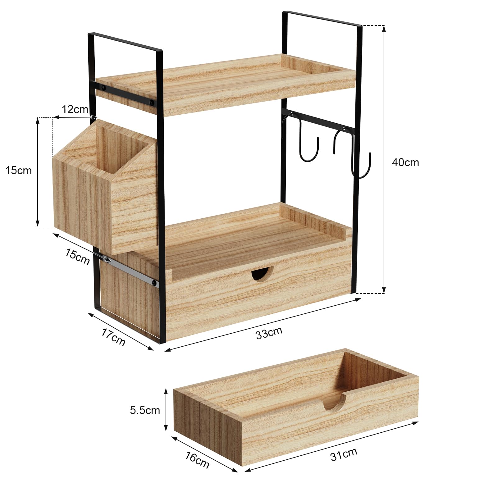 Organizer da bagno con cassetto e cesto, scaffale da bagno a 2 livelli in legno per lavabo, toeletta e cucina, scaffale da tavolo impermeabile con ganci, stabile struttura in metallo, 33 x 17