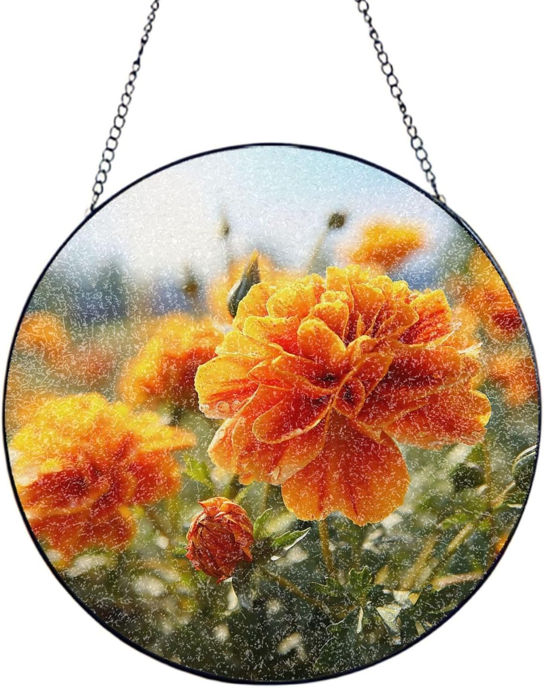 Stained Glass Window Hanging 6in（15cm）, Marigold Flower Autumn Flowers Glass Suncatcher for Home Decor, Indoor Wall Art Glass Panel with Metal Chain and Hooks, Sun Catcher Ornament Birthday Gifts