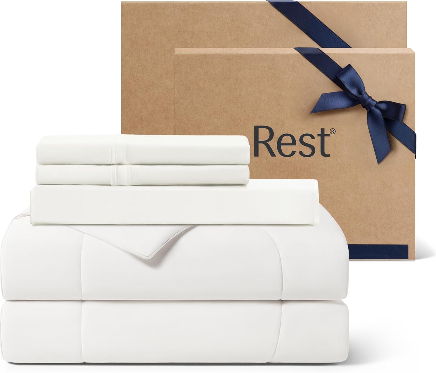 Rest Evercool+ Cooling Comforter Set, Queen Size Arctic White, 4pcs with Cooling Blanket, Wrinkle-Free Deep Pocket Fitted Sheet, 2 Silver-Infused Pillowcases for Skin and Hair Bed Set, Ultra Comfort