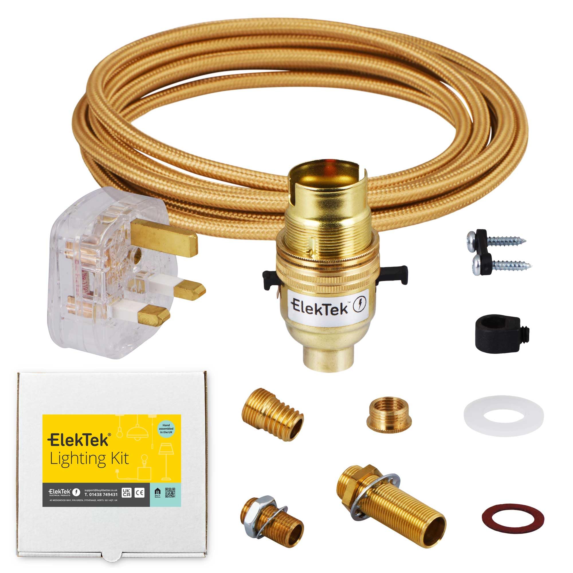 Premium Brass Safety Switch B22 Lamp Holder with Round Gold Flex and 3A UK Plug-image-44