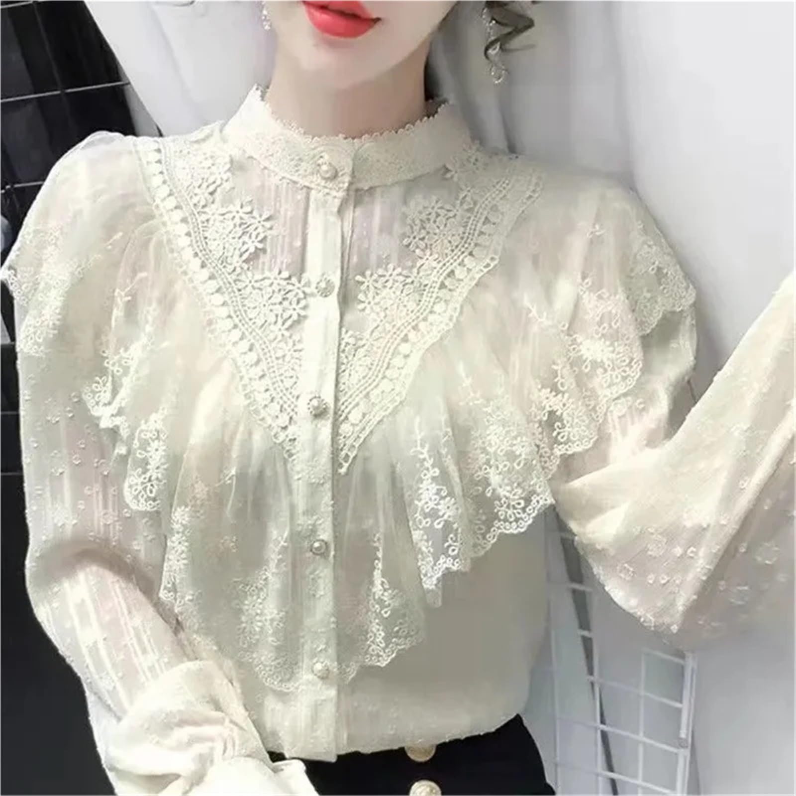 Blouse Mousseline Haut en Mousseline de Soie et Dentelle for Femme, Manches Longues, Chemise rétro française, à la Mode, Design, Bord Feuille Lotus