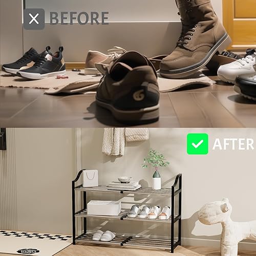 Miniatura 4 de Zapatero de 3 niveles expandible para armario, estante pequeño de almacenamiento de zapatos para entrada, estante ajustable para zapatos para