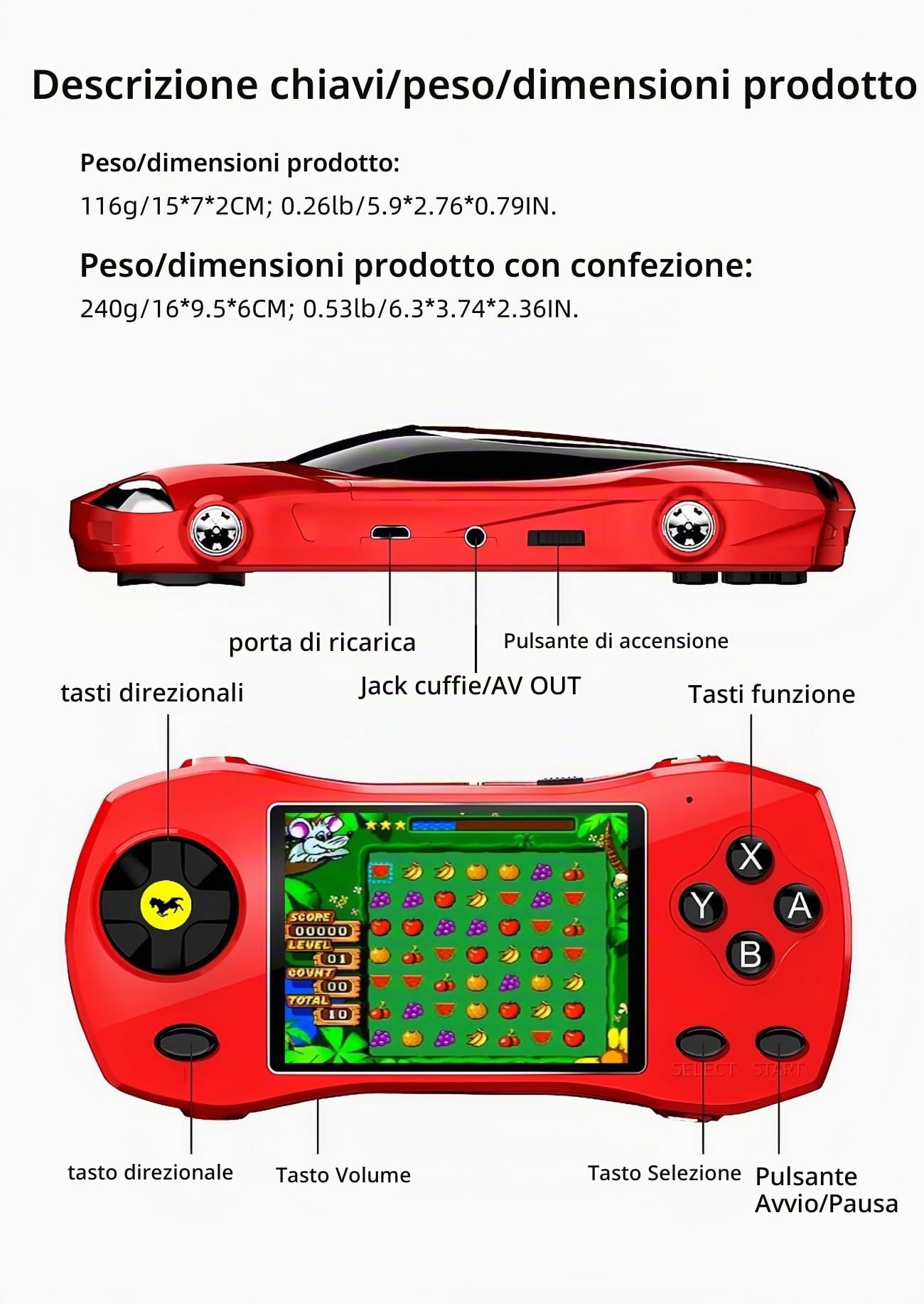 JXD 3.0" HD Videogioco Portatile per Bambini Design di Auto Sportiva 250 Giochi a 64 bit Preinstallati Collegabile alla TV Giocattoli Puzzle Retrò Portatili per Bambini Scelta