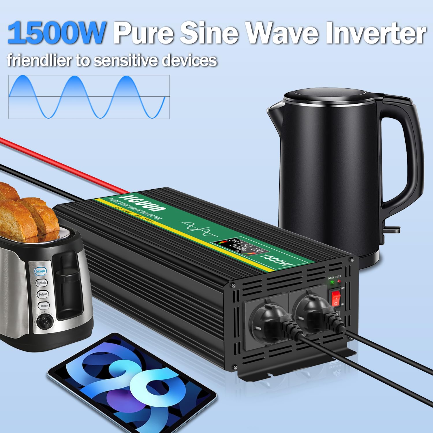 JIGUUN 1500W Inversor 24V 220V Onda Pura Convertidor Inverter con 2 Tomas UE y un USB，Mando a Distancia inalámbrico e indicador LCD，Potencia máxima 3000W para RV, Viajes, emergencias