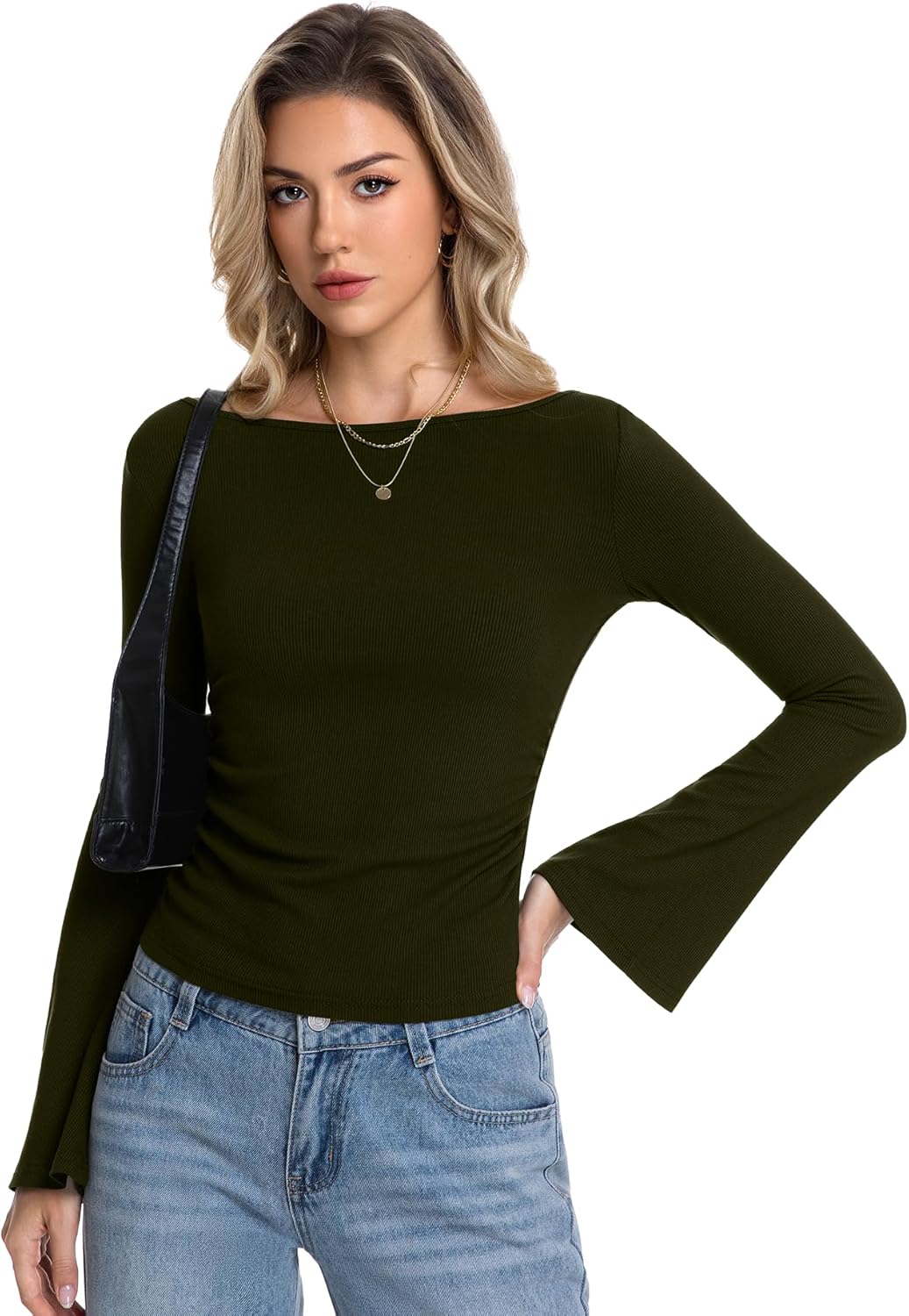 2 Pack Women's Long Sleeve Shirts Casual Boat Neck Bell Sleeve Ribbed Tops Fitted Going Out Tops - Image 4