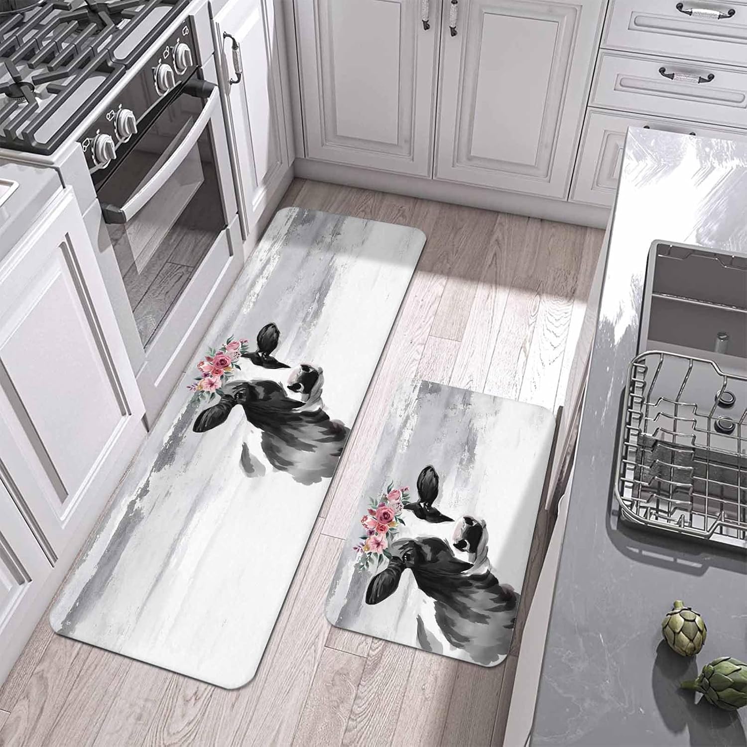 Prime Leader Farm Cow Kitchen Mat Set 2 Pieces Vintage Black Grey Cattle with Floral Non Slip Kitchen Rugs Washable Runner Rug Mats for Sink Laundry (23.6" x 35.4"+23.6" x 70.9")