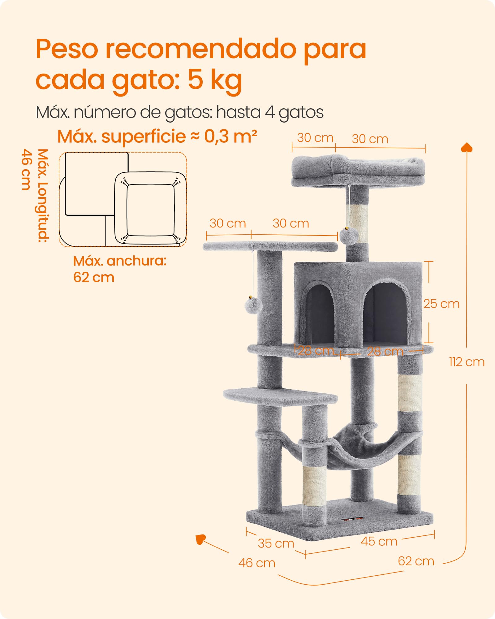 Feandrea Árbol para Gatos, Altura 112 cm, Torre de Gatos, con 4 Postes Rascadores, 2 Plataformas, 1 Cueva, 1 Hamaca, 2 Pompones, Tela de Felpa, Multinivel, Gris Claro PCT261W01