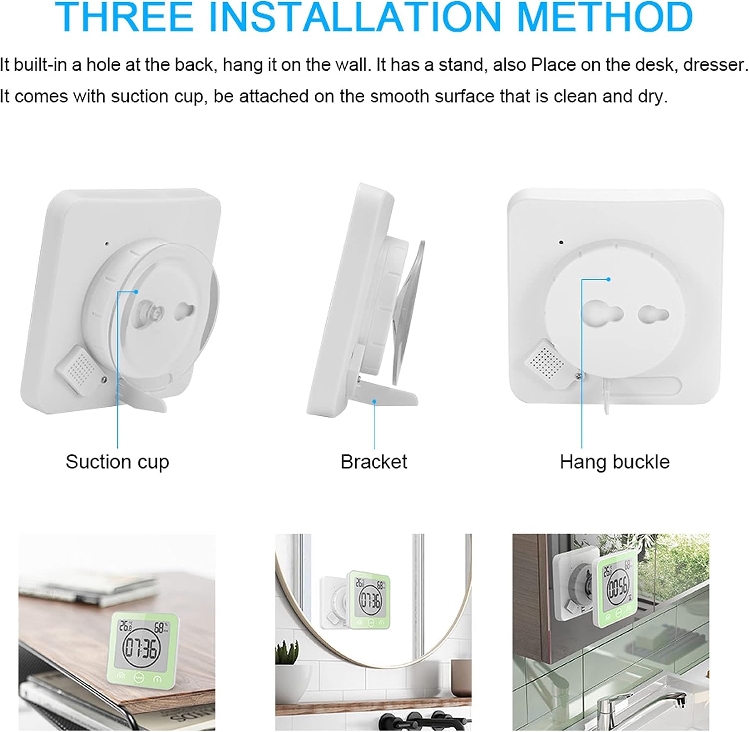 Shower Clock Waterproof Wall Clock Bathroom Clock Sunsbell Shower Cock Digital Temperature Humidity Display with Suction Cup, Touch Screen Timer for Kitchen Bathroom